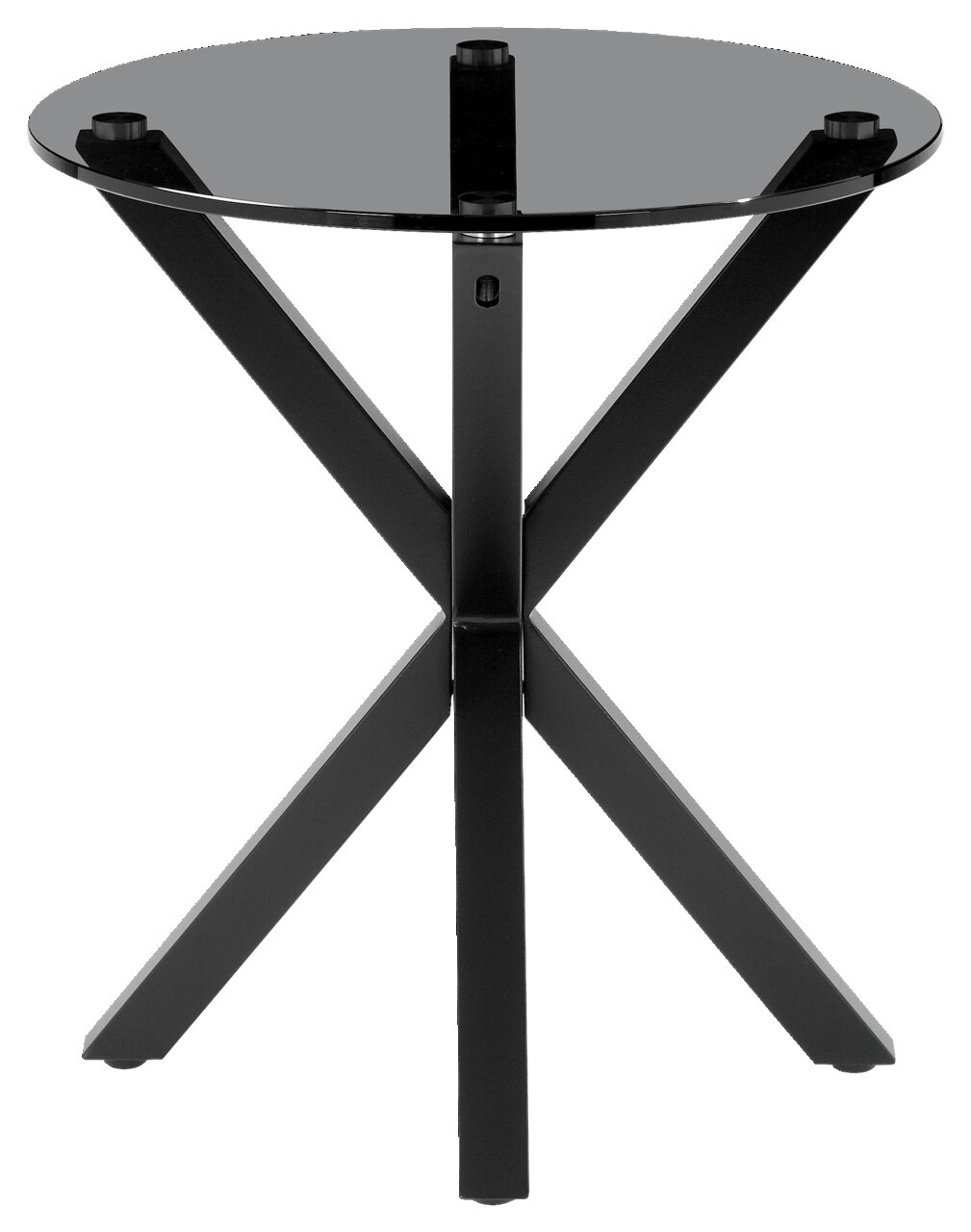 Runder Beistelltisch mit schwarzer Glasplatte und schwarzem Metallgestell, frontal betrachtet.