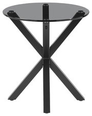 Runder Beistelltisch mit schwarzer Glasplatte und schwarzem Metallgestell, frontal betrachtet.