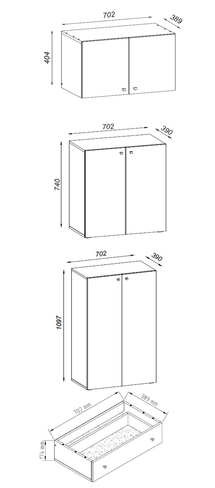 Technische Strichzeichnung eines zweitürigen Wandschranks/Schranksystems mit Maßangaben (Breite 702 mm, Tiefe ca. 389–390 mm) in drei Höhenvarianten (404 mm, 740 mm, 1097 mm) sowie einer passenden Schublade (Höhe 174 mm), dargestellt in isometrischer 3D-A
