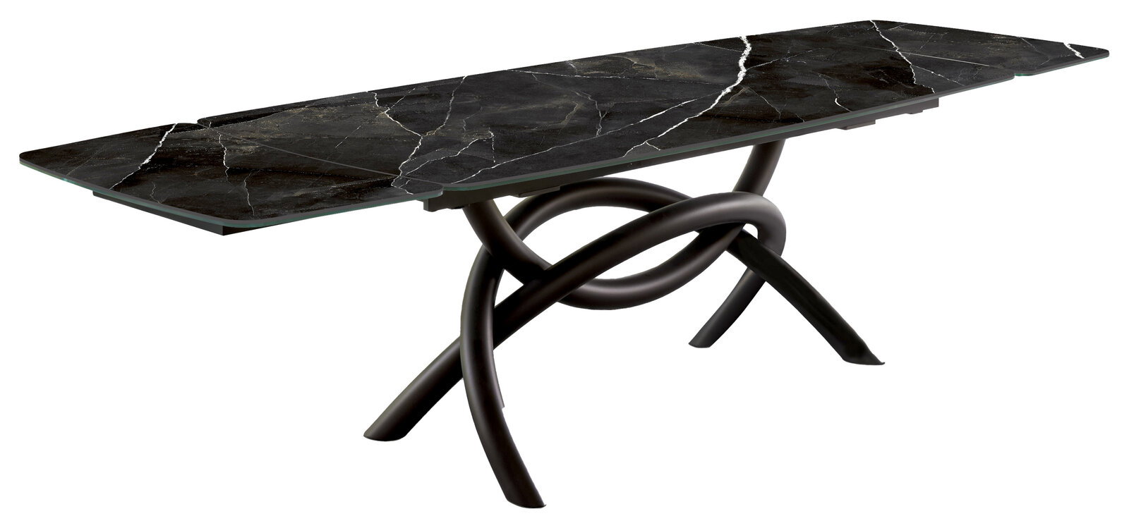 Belluti Esstisch MATTEO Moderner Esstisch mit schwarzer Marmorplatte und kunstvoll geschwungenem Metallgestell, seitliche Perspektive
