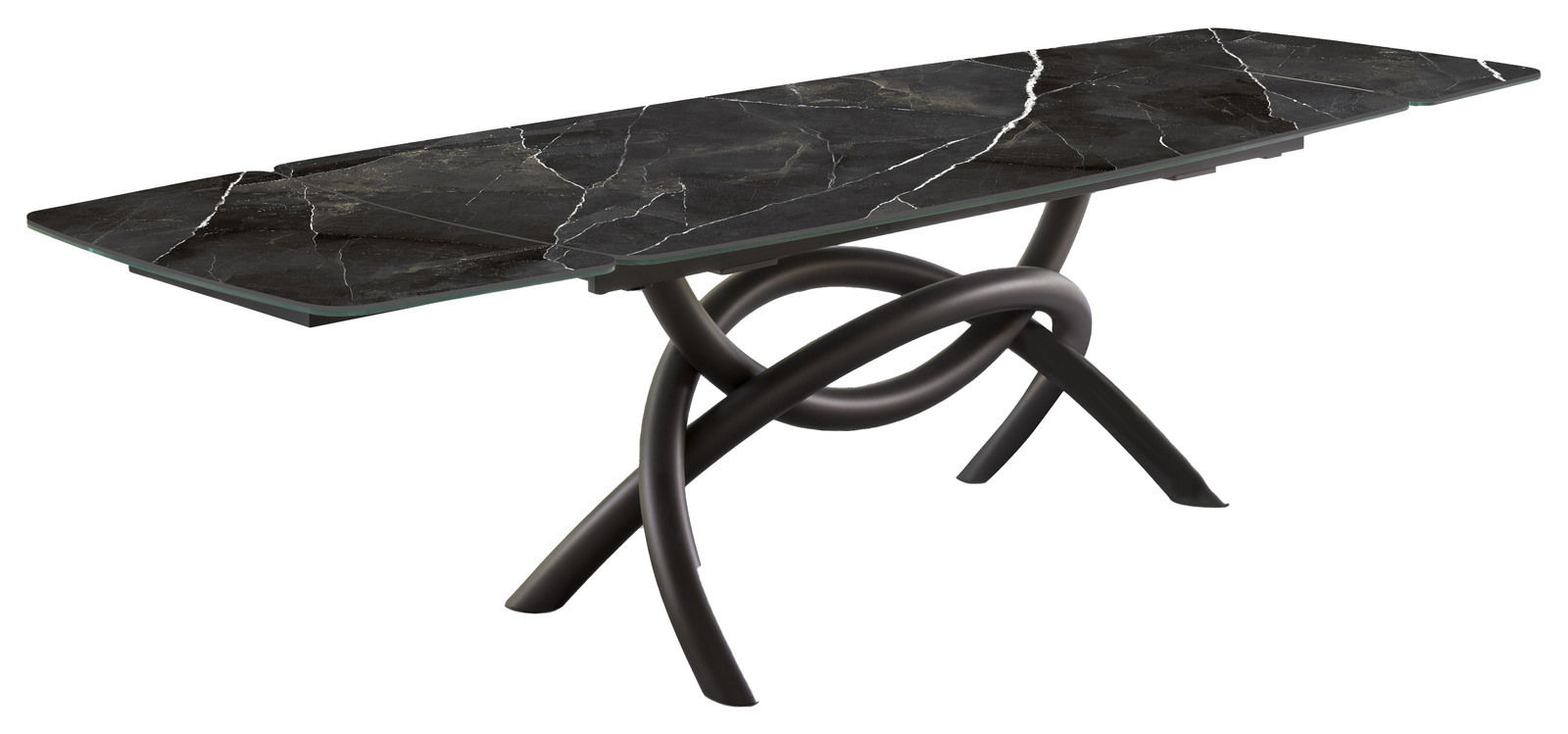 Emilio Belluti Esstisch MATTEO Moderner Esstisch mit schwarzer Marmorplatte und kunstvoll geschwungenem Metallgestell, seitliche Perspektive