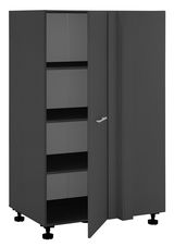 Grauer Eckschrank mit geöffneter Tür, zeigt mehrere Regalböden, Perspektive von vorne