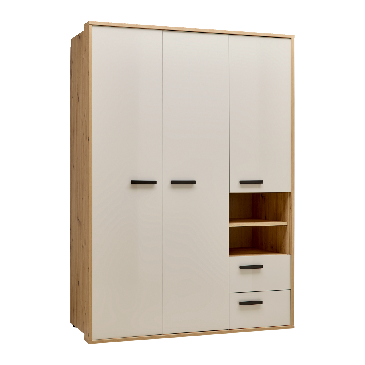 XORA Kleiderschrank CASA MIA Moderner Kleiderschrank mit drei Türen, zwei Schubladen und offenen Regalfächern, aus Holz und weißem Material, seitliche Perspektive