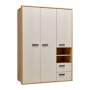 Moderner Kleiderschrank mit drei Türen, zwei Schubladen und offenen Regalfächern, aus Holz und weißem Material, seitliche Perspektive