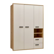 Moderner Kleiderschrank mit drei Türen, zwei Schubladen und offenen Regalfächern, aus Holz und weißem Material, seitliche Perspektive