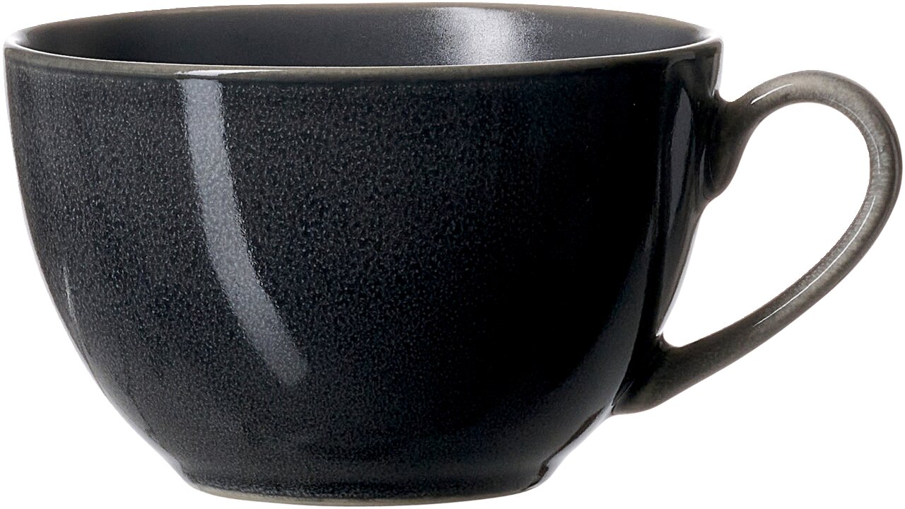 Schwarze Kaffeeobertasse mit Henkel, seitliche Perspektive