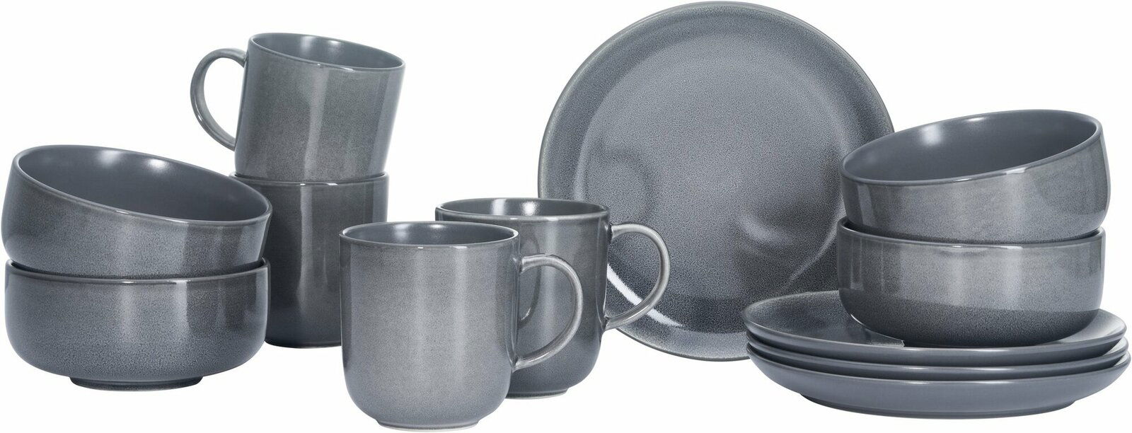 Ritzenhoff & Breker Frühstücksset 12-tlg. TOLEDO Graues 12-teiliges Frühstücksset Toledo, bestehend aus Tassen, Schalen und Tellern, aus seitlicher Perspektive fotografiert.
