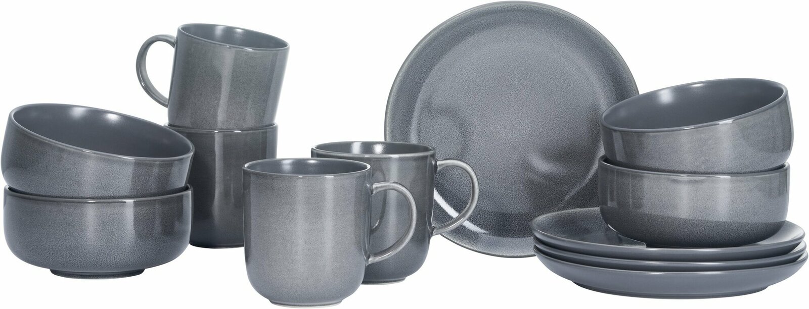 Graues 12-teiliges Frühstücksset Toledo, bestehend aus Tassen, Schalen und Tellern, aus seitlicher Perspektive fotografiert.