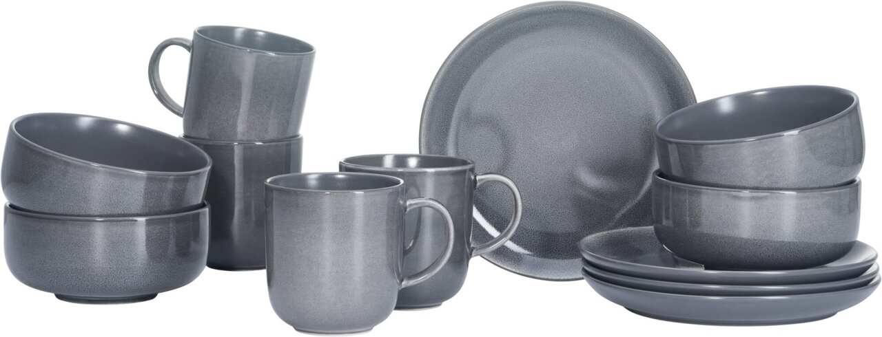 Ritzenhoff & Breker Frühstücksset 12-tlg. TOLEDO Graues 12-teiliges Frühstücksset Toledo, bestehend aus Tassen, Schalen und Tellern, aus seitlicher Perspektive fotografiert.