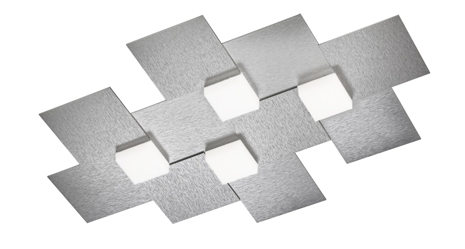 Grossmann LED-Deckenleuchte CREO Moderne Deckenleuchte mit geometrisch angeordneten, gebürsteten Metallplatten und vier weißen, würfelförmigen Leuchtelementen, aus schräger Untersicht dargestellt