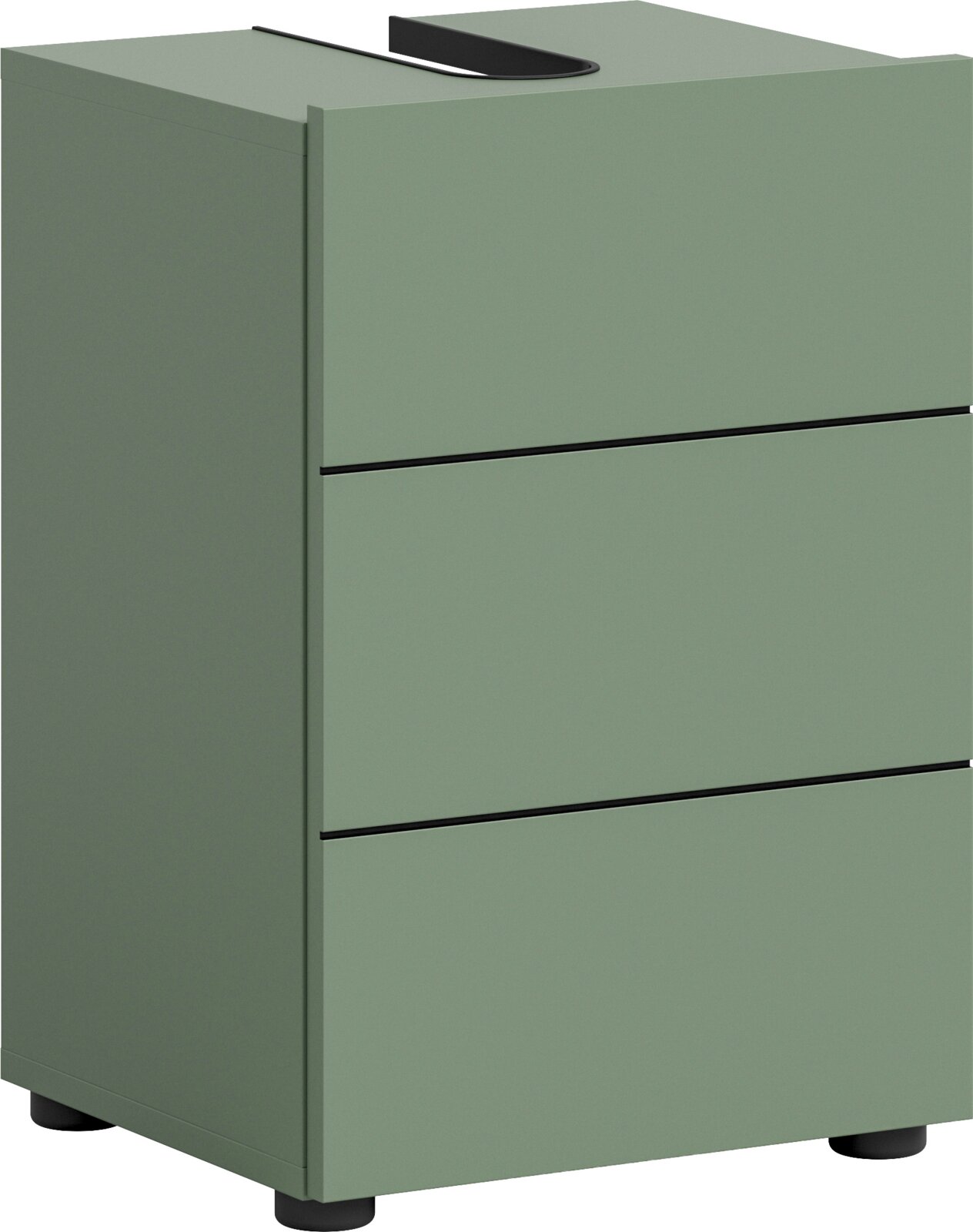 Grüner, moderner Schubladenschrank/Kommode mit drei Schubladen, schwarzer Griffmulde oben und schwarzen Füßen, schräg von vorne links in Nahaufnahme auf weißem Hintergrund