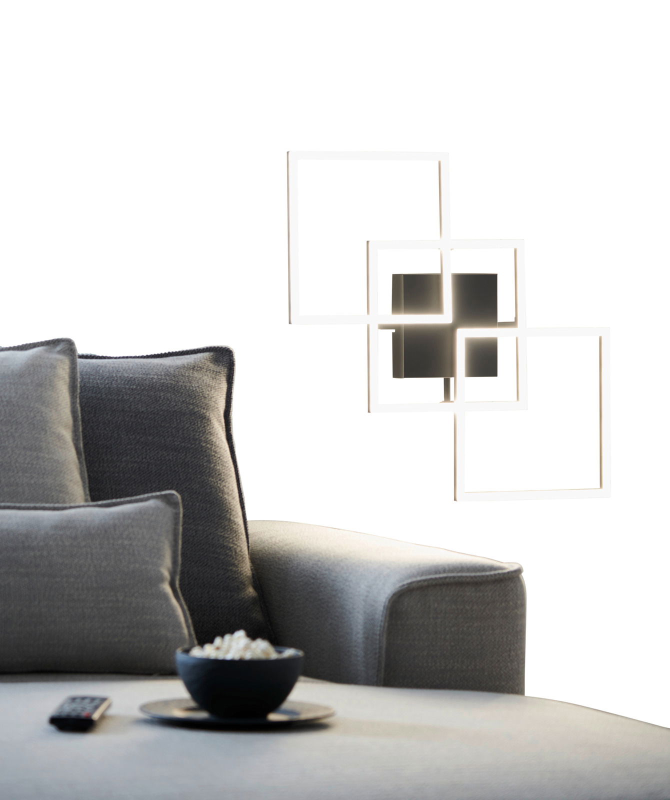 Moderne LED-Deckenleuchte mit geometrischem Design in quadratischer Form, seitliche Perspektive