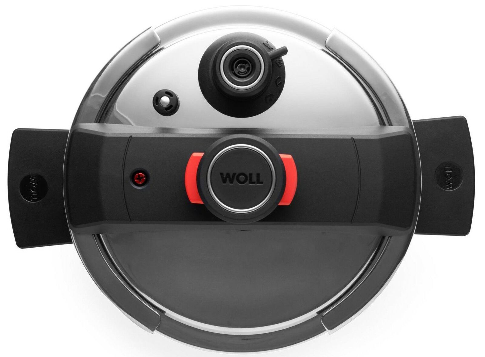 Draufsicht auf den Deckel eines Schnellkochtopfs mit schwarzem Griff und rotem Verschlussmechanismus.