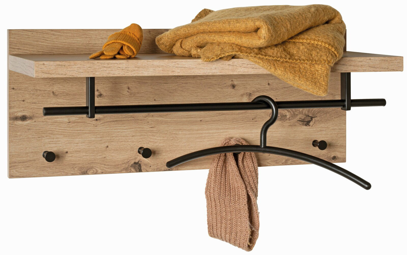 XORA Wandgarderobe PARMA Wandgarderobe aus Holz mit schwarzem Metallbügel, Haken und Ablage, frontal abgebildet. Auf der Ablage liegen ein gelber Schal und Handschuhe, am Bügel hängt ein rosa Schal.