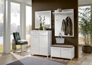 Modernes Garderoben-Set in Weiß mit Spiegel, Schuhschrank und Sitzbank, seitliche Perspektive