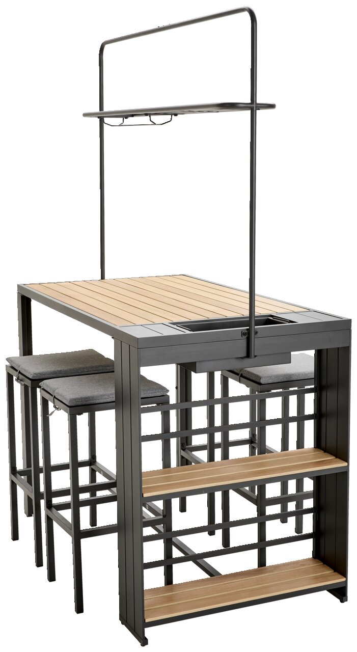 Bar-Set mit Tisch und Hockern aus Metall und Holz, seitliche Perspektive