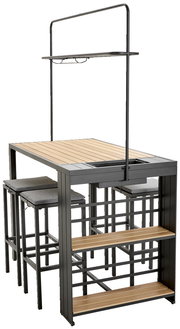 Bar-Set mit Tisch und Hockern aus Metall und Holz, seitliche Perspektive