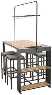 Bar-Set mit Tisch und Hockern aus Metall und Holz, seitliche Perspektive