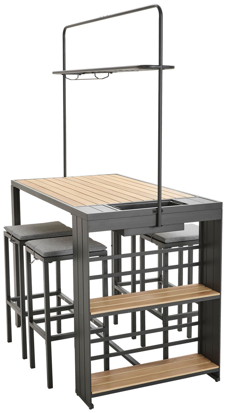 Bar-Set mit Tisch und Hockern aus Metall und Holz, seitliche Perspektive