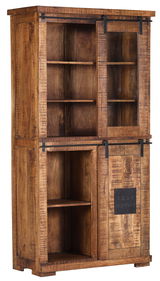 Holzvitrine mit Schiebetüren aus Glas und Metallbeschlägen, seitliche Perspektive