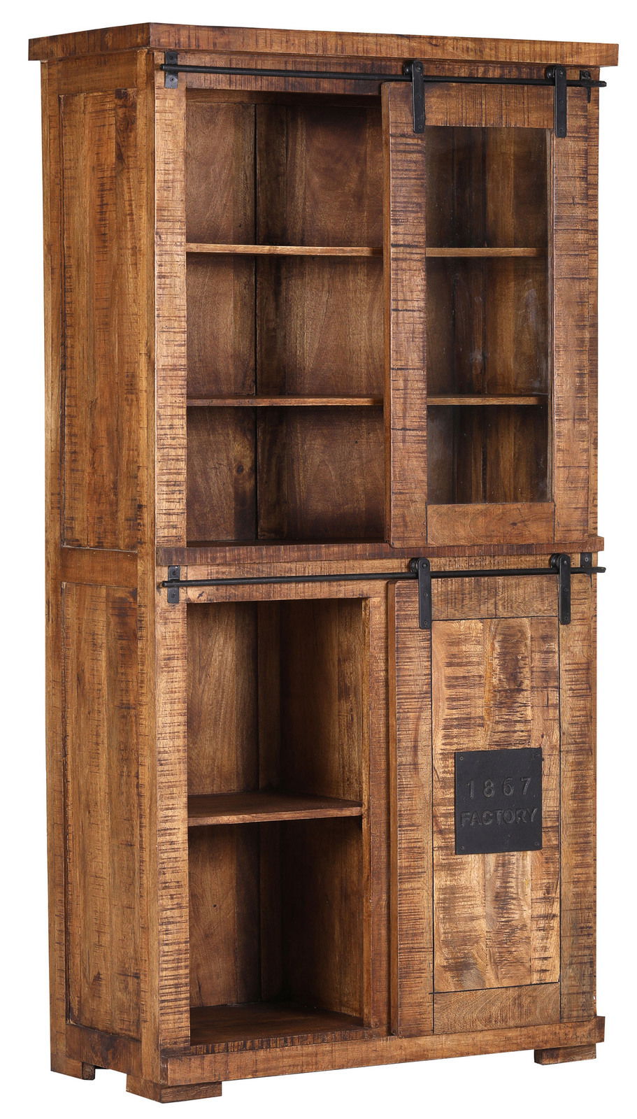 Holzvitrine mit Schiebetüren aus Glas und Metallbeschlägen, seitliche Perspektive