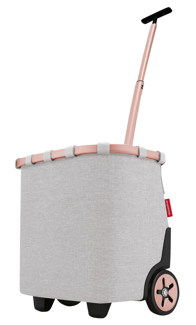 Seitenansicht eines Carrycruiser mit grauem Stoff, rosa Rahmen und Teleskopgriff.
