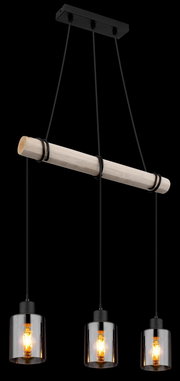 Moderne Hängeleuchte mit drei Glühbirnen, hängend an einem Holzstab, aus der Vorderansicht.