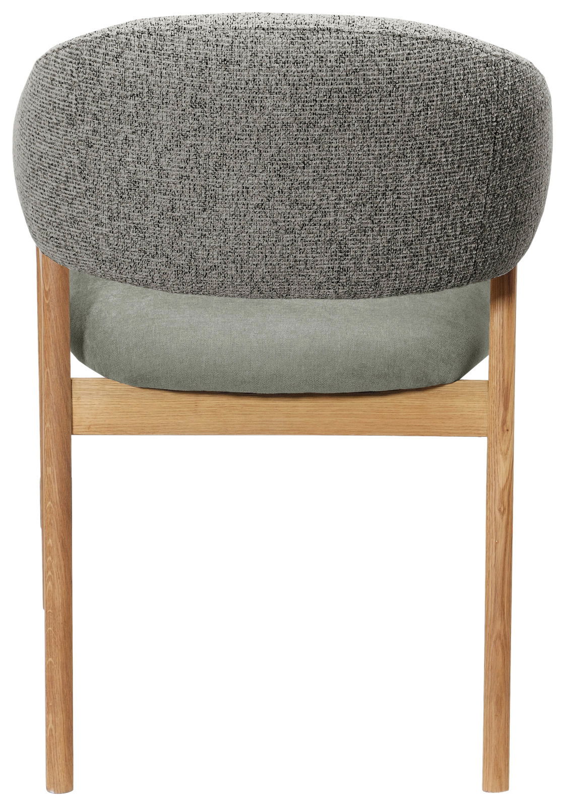 Rückansicht eines modernen Armlehnstuhls mit grauem Stoffbezug und Holzbeinen.