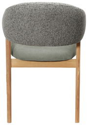 Rückansicht eines modernen Armlehnstuhls mit grauem Stoffbezug und Holzbeinen.