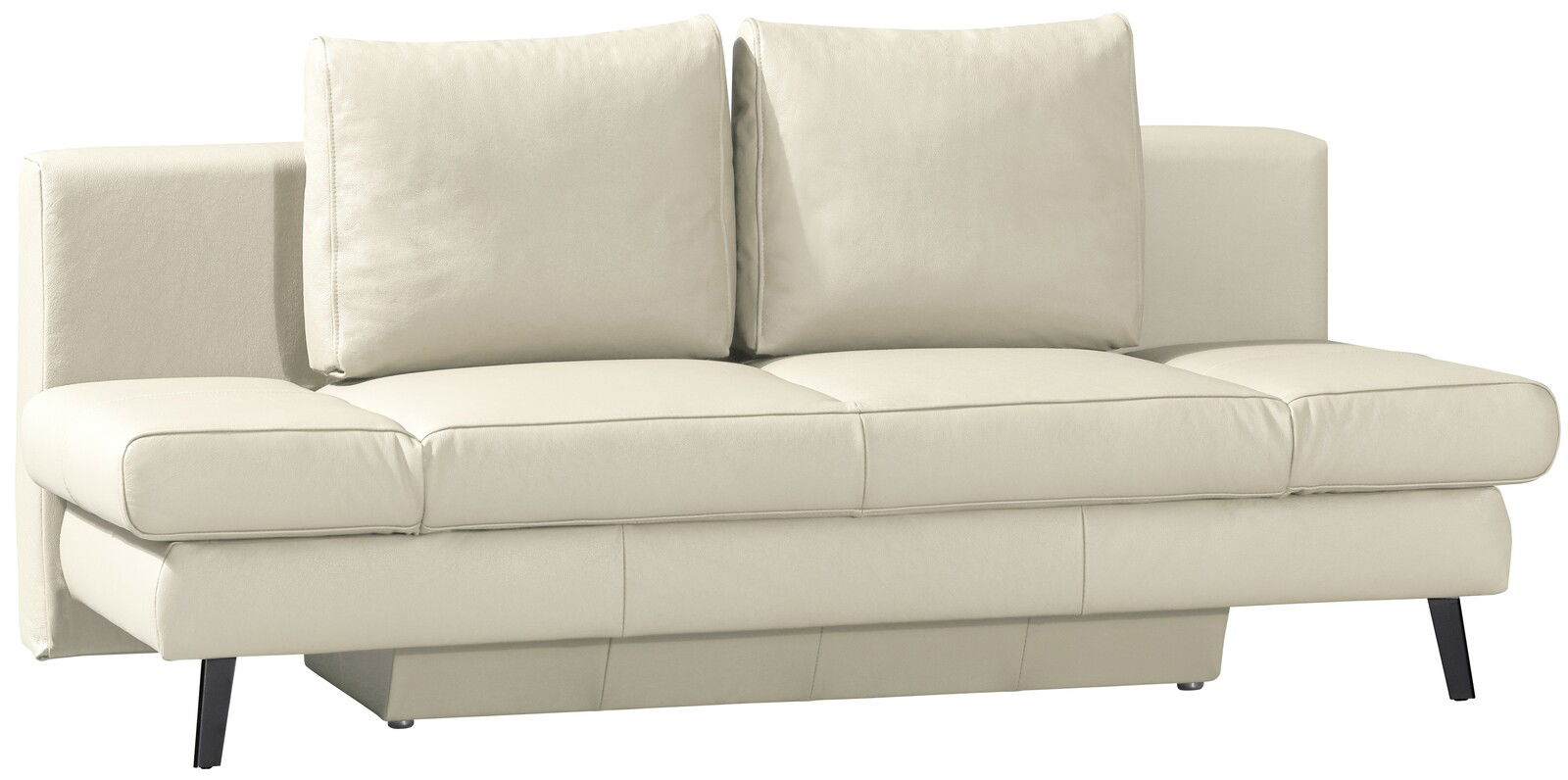 Beige Querschläfer-Sofa mit zwei großen Rückenkissen, seitliche Perspektive