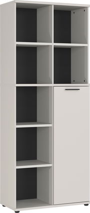 Aktenschrank mit mehreren offenen Fächern und einer Tür, seitliche Perspektive
