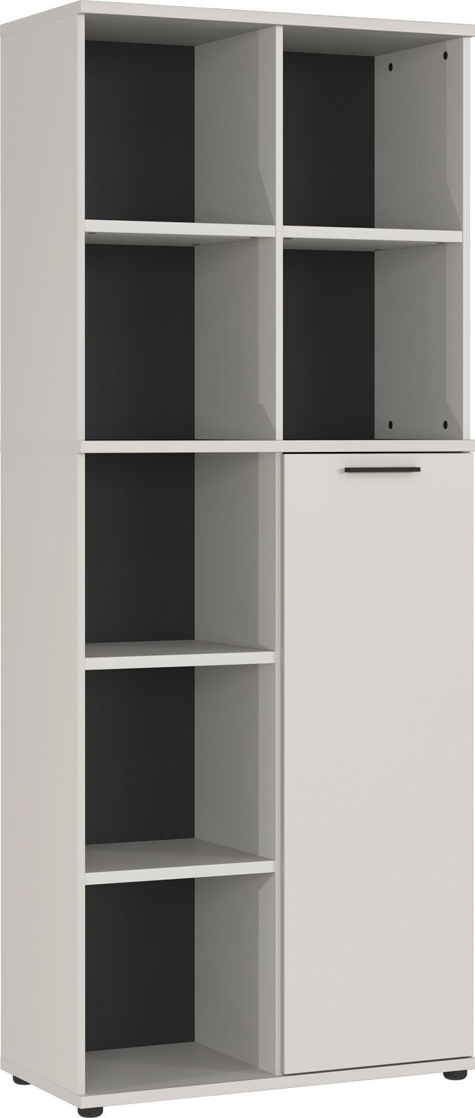 Aktenschrank mit mehreren offenen Fächern und einer Tür, seitliche Perspektive