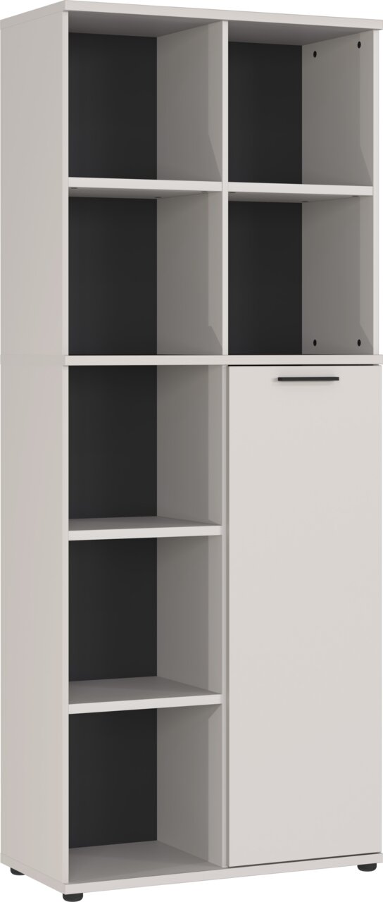Aktenschrank mit mehreren offenen Fächern und einer Tür, seitliche Perspektive