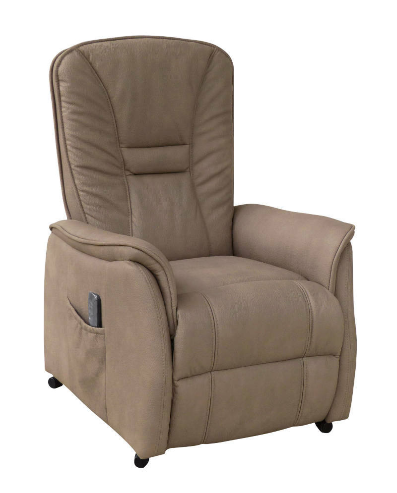 Beiger Fernsehsessel aus Leder mit hoher Rückenlehne und seitlicher Tasche, Vorderansicht.