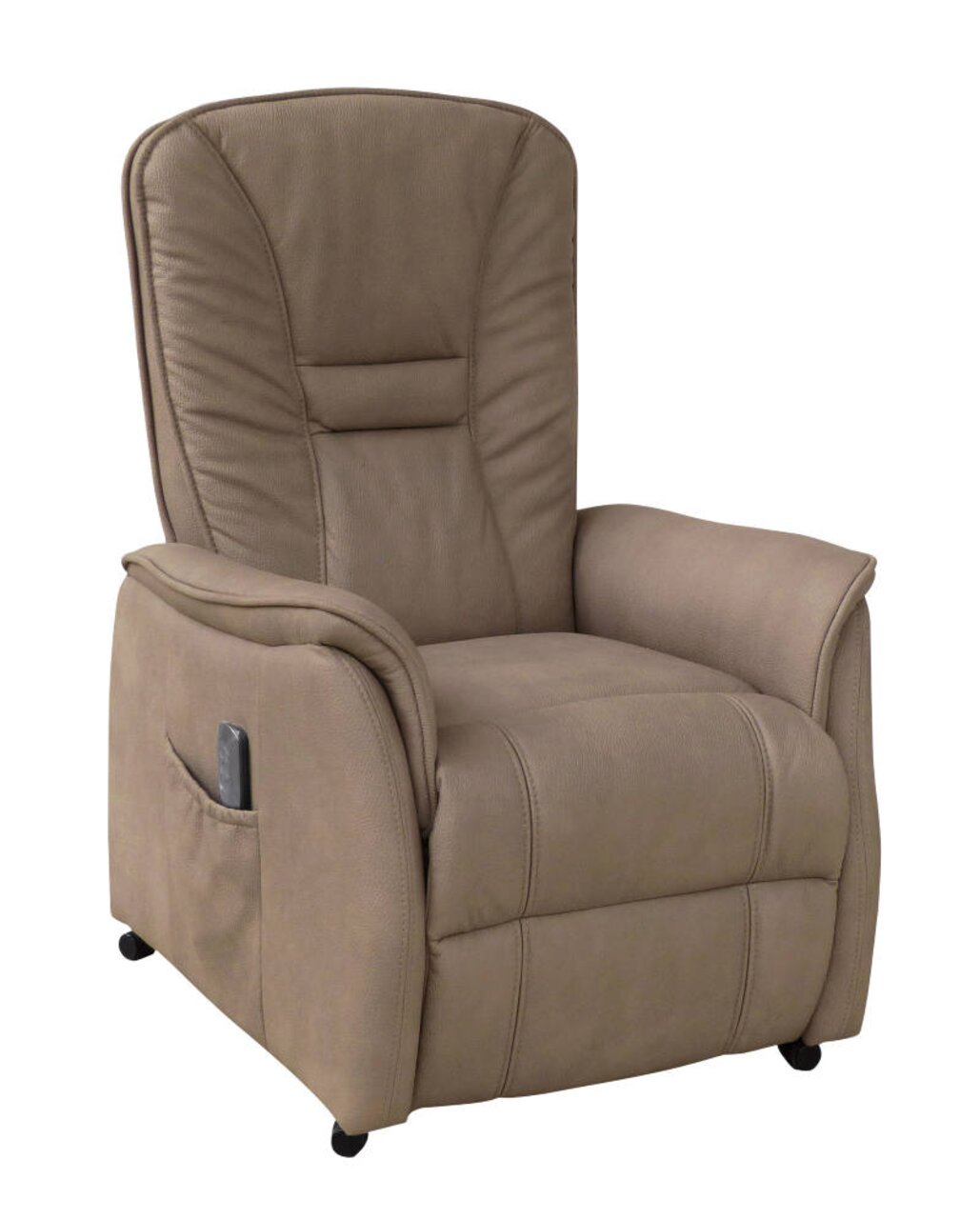 Beiger Fernsehsessel aus Leder mit hoher Rückenlehne und seitlicher Tasche, Vorderansicht.