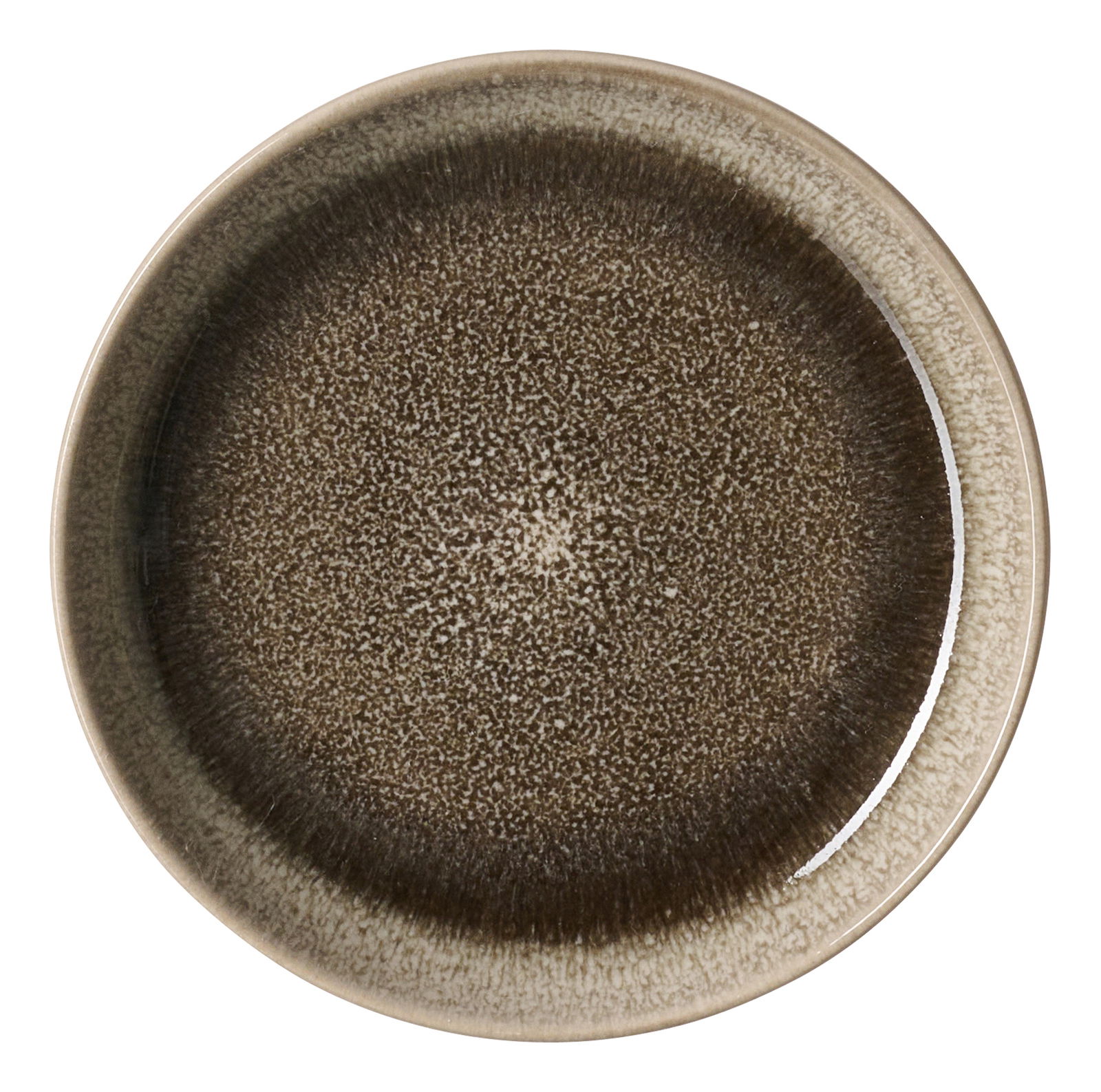 Draufsicht auf eine runde Dipschale mit einem dunklen, gesprenkelten Muster und einem hellen Rand.