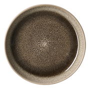 Draufsicht auf eine runde Dipschale mit einem dunklen, gesprenkelten Muster und einem hellen Rand.