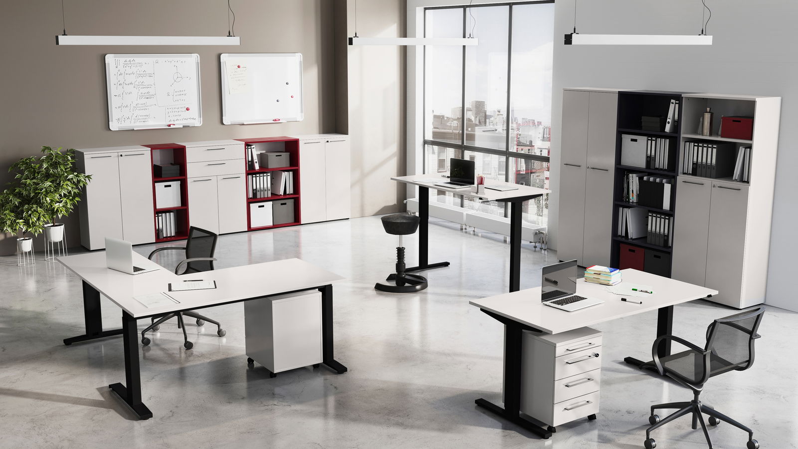 XORA Aktenschrank LEGEND II Moderne Büroumgebung mit mehreren Schreibtischen, Aktenschränken und Regalen, aus der Vogelperspektive betrachtet.