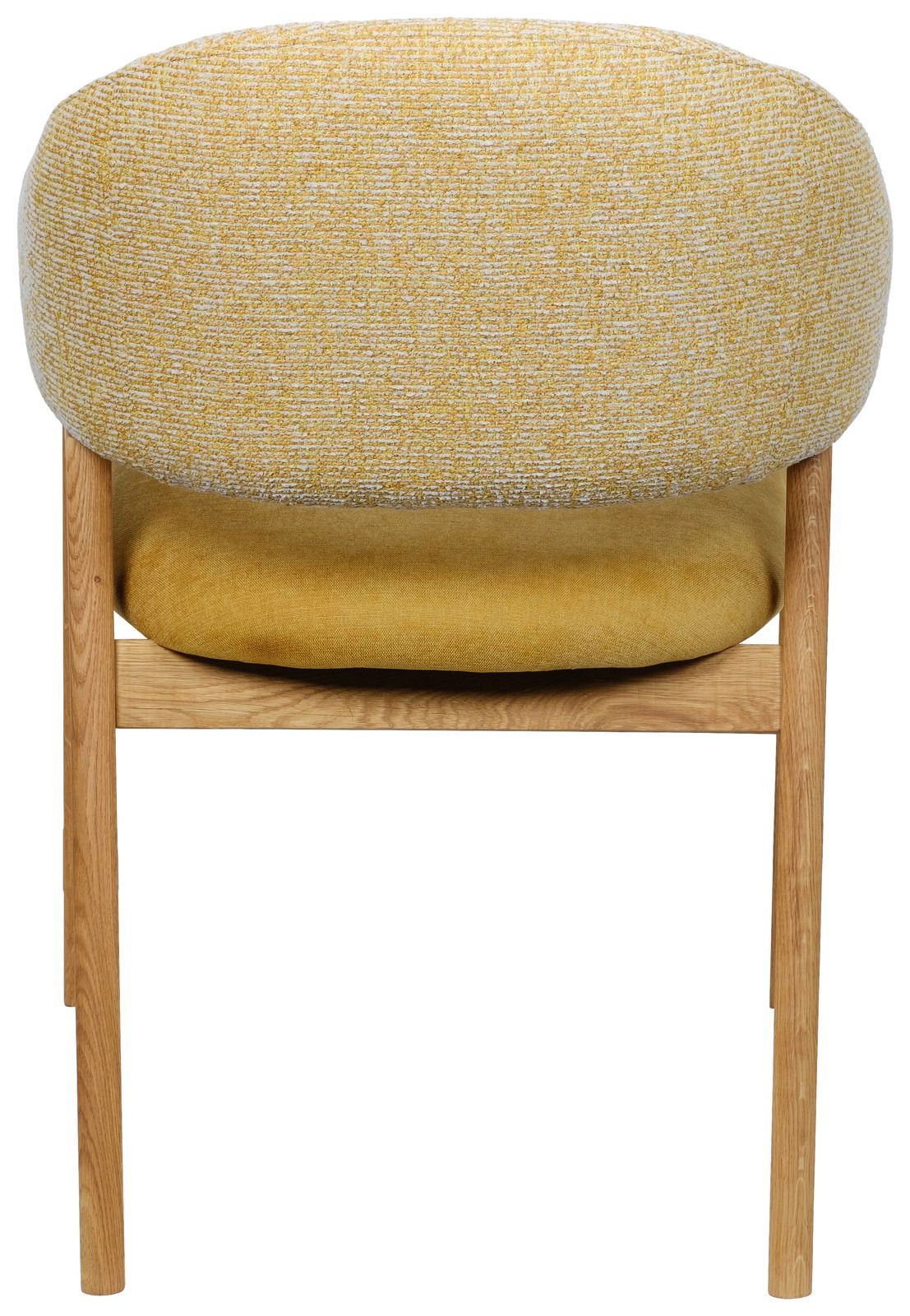 Rückansicht eines gelben Armlehnstuhls mit Holzbeinen