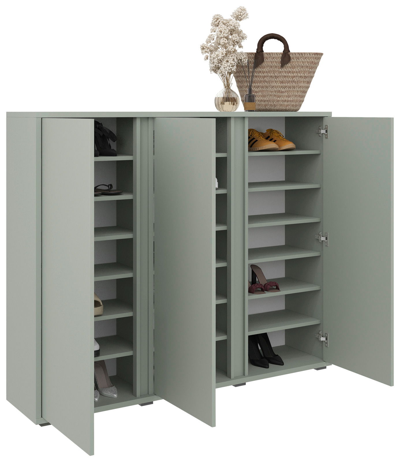 Moderner Schuhschrank in hellem Grün mit offenen Türen, gefüllt mit Schuhen, aus der Frontalperspektive.