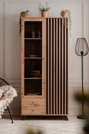 Moderne Vitrine aus Holz mit offenen Regalen und dekorativen Pflanzen, frontal fotografiert.