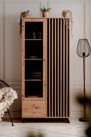 Moderne Vitrine aus Holz mit offenen Regalen und dekorativen Pflanzen, frontal fotografiert.