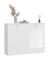 Weiße Garderobenkombination mit vier Türen, dekoriert mit einem Buch, einer Vase mit getrockneten Pflanzen und einem Duftstäbchen, seitliche Perspektive.