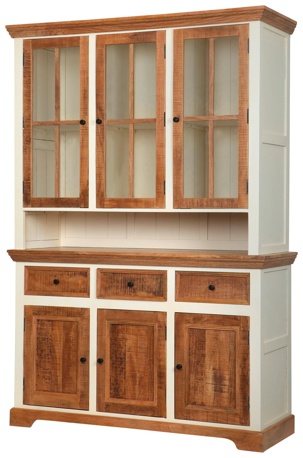 Vitrinenschrank aus Holz mit Glastüren und Schubladen, Frontalansicht