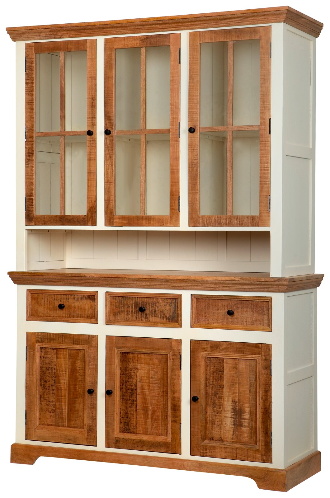 Vitrinenschrank aus Holz mit Glastüren und Schubladen, Frontalansicht