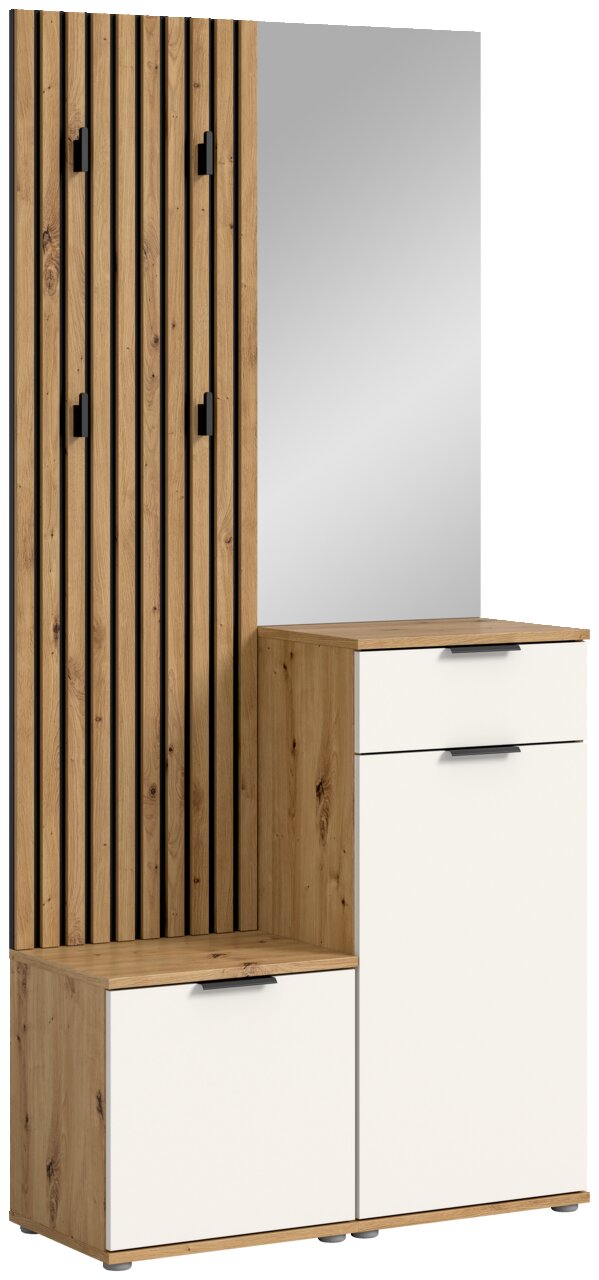 Compacte kapstok met houten en witte elementen, spiegel en haken, zijaanzicht