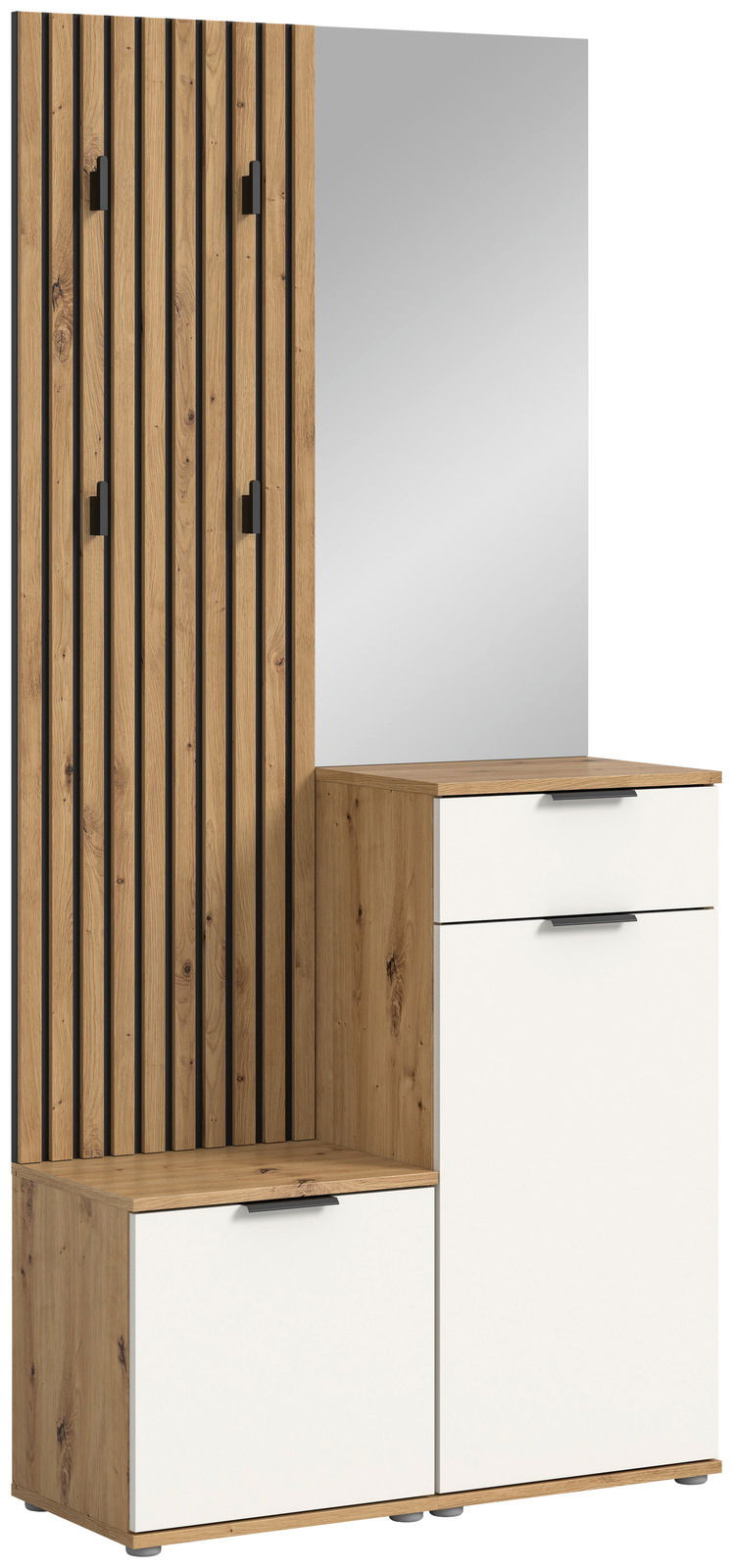 Kompaktgarderobe mit Holz- und Weißelementen, Spiegel und Haken, seitliche Perspektive