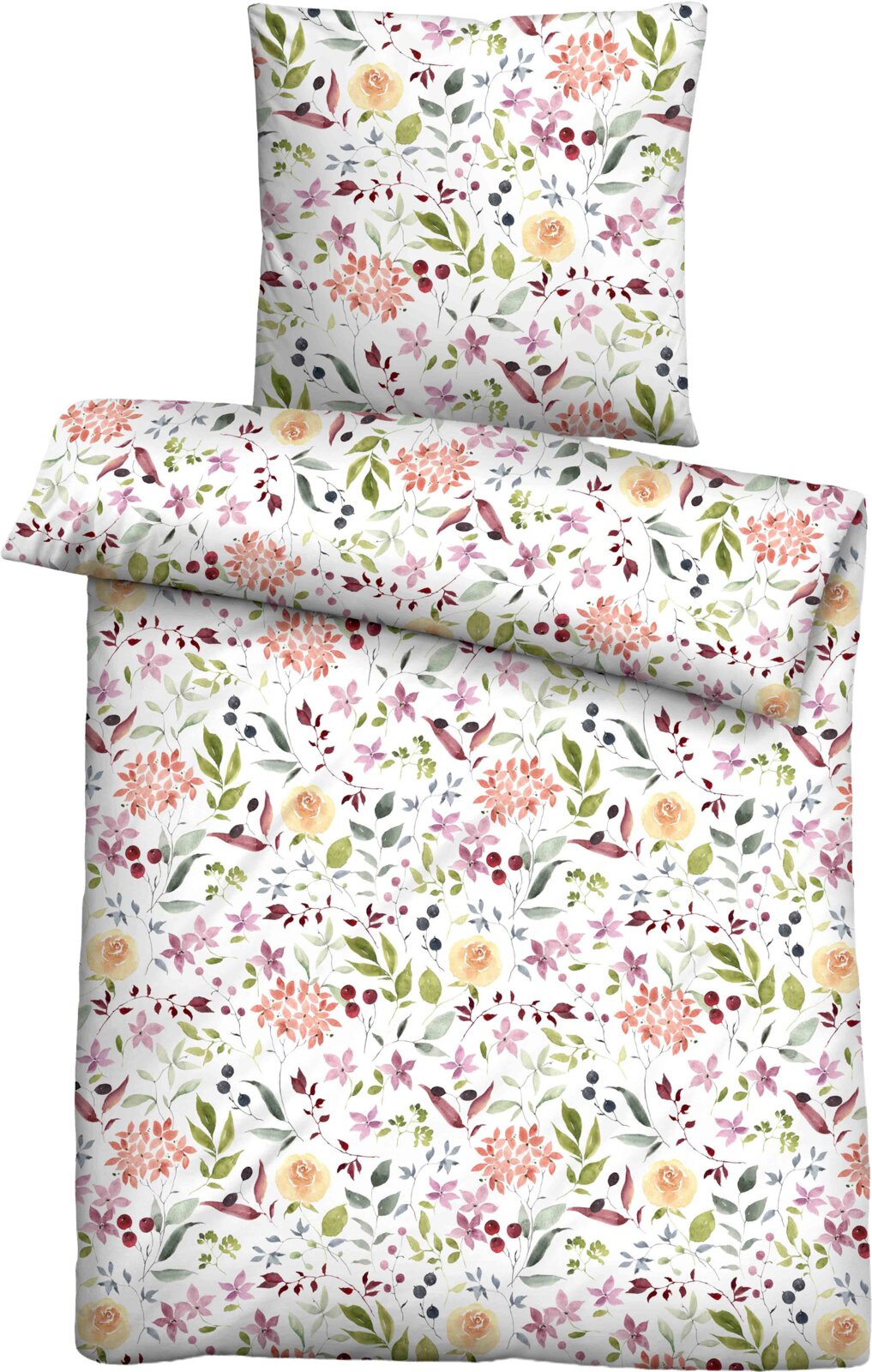 Castell Seersucker Bettwäsche 135/200cm Bettwäsche-Set mit Kissenbezug und Deckenbezug, weißer Hintergrund mit zartem Aquarell-Blumen- und Blättermuster in Grün, Rosa, Koralle und Gelb, Draufsicht (frontal von oben)