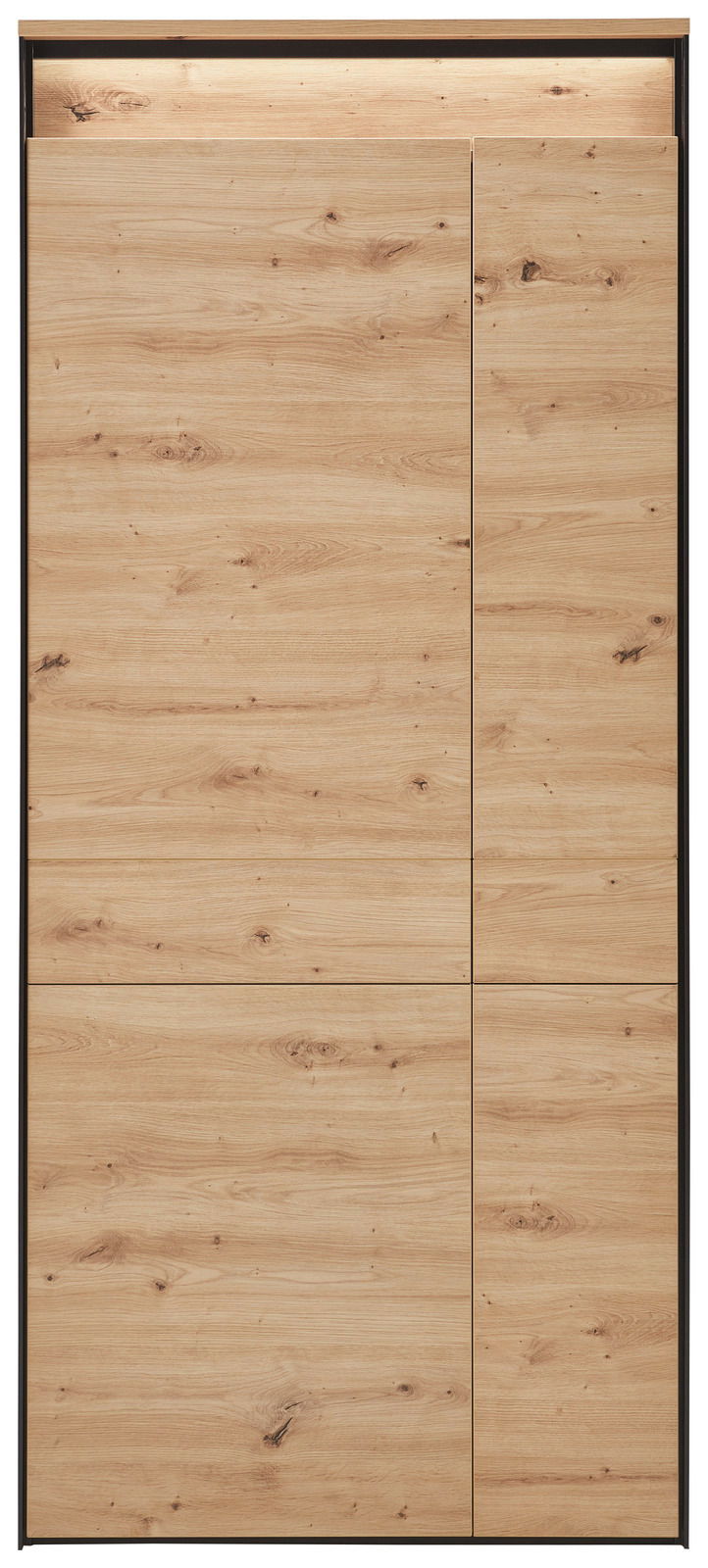 Frontansicht eines XL-Garderobenschranks mit Holzoptik und klaren Linien.