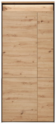 Frontansicht eines XL-Garderobenschranks mit Holzoptik und klaren Linien.